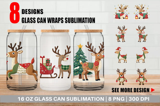 Glass Can Patchwork Reindeer Sublimation artnoy 