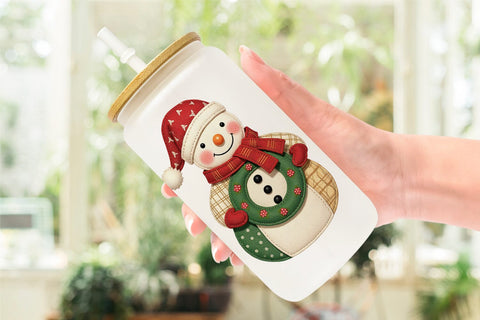 Glass Can Patchwork Snowman Sublimation artnoy 