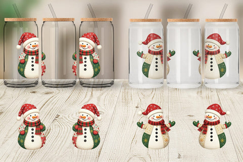 Glass Can Patchwork Snowman Sublimation artnoy 