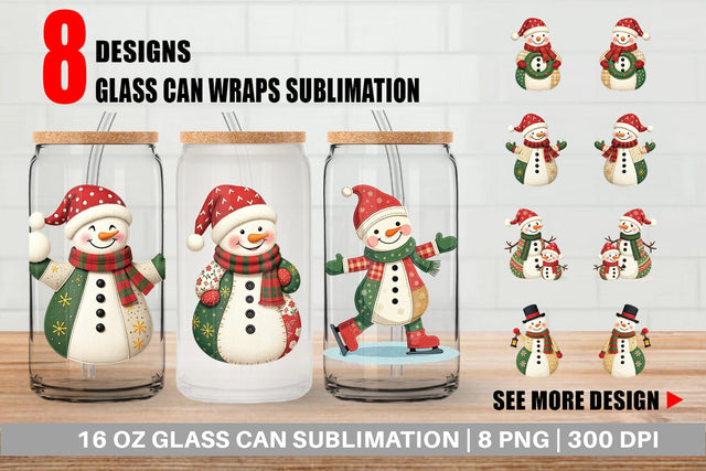 Glass Can Patchwork Snowman Sublimation artnoy 