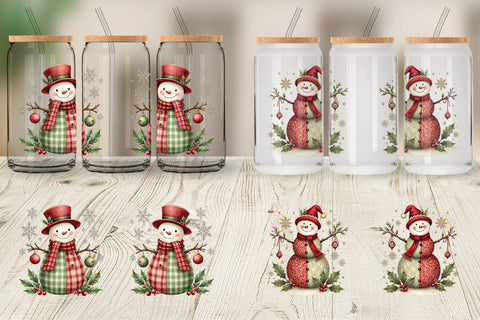Glass Can Patchwork Snowmen Sublimation artnoy 