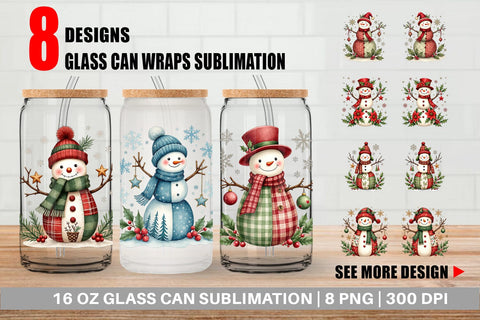Glass Can Patchwork Snowmen Sublimation artnoy 