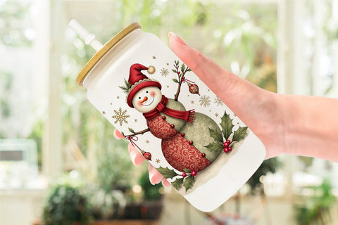 Glass Can Patchwork Snowmen Sublimation artnoy 