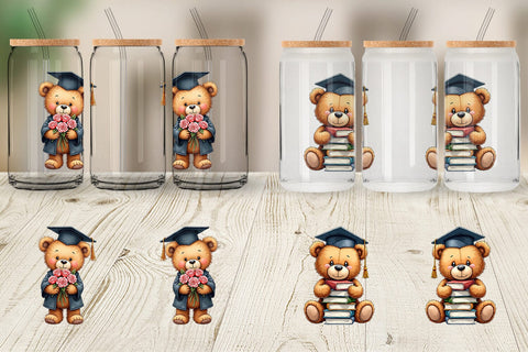 Glass Can Patchwork Teddy Bear Graduates Sketchy Retro Sublimation artnoy 