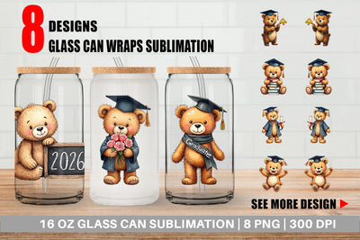 Glass Can Patchwork Teddy Bear Graduates Sketchy Retro Sublimation artnoy 
