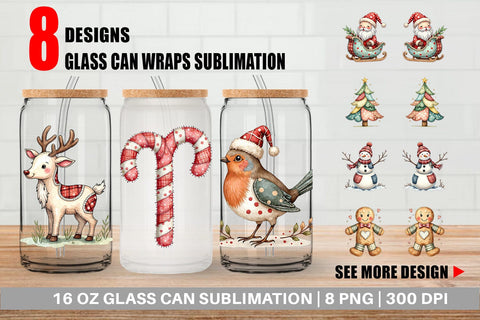 Glass Can Patchwork Watercolor Christmas Sublimation artnoy 