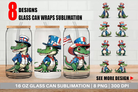 Glass Can Patriotic Alligator Sublimation artnoy 