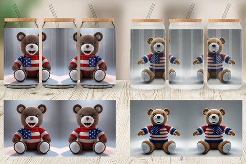 Glass Can Patriotic Bear Crochet Sublimation artnoy 