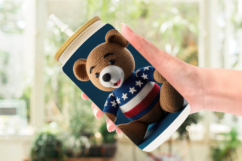 Glass Can Patriotic Bear Crochet Sublimation artnoy 