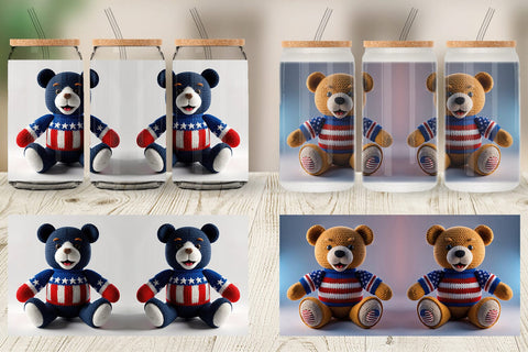Glass Can Patriotic Bear Crochet Sublimation artnoy 