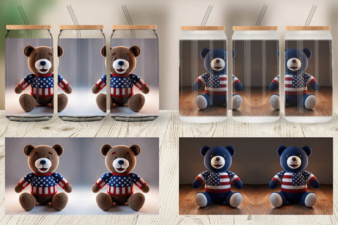 Glass Can Patriotic Bear Crochet Sublimation artnoy 