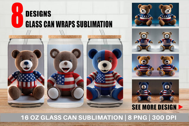 Glass Can Patriotic Bear Crochet Sublimation artnoy 