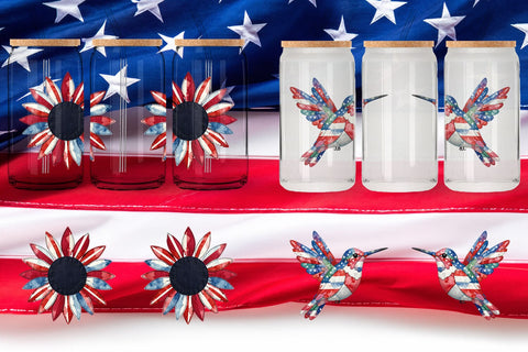 Glass Can Patriotic Bloom Fabric Watercolor Sublimation artnoy 