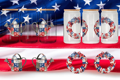 Glass Can Patriotic Bloom Fabric Watercolor Sublimation artnoy 