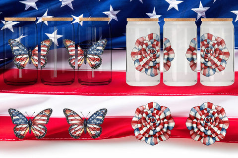 Glass Can Patriotic Bloom Fabric Watercolor Sublimation artnoy 