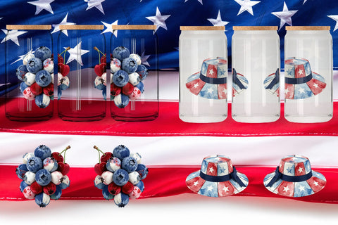Glass Can Patriotic Bloom Fabric Watercolor Sublimation artnoy 