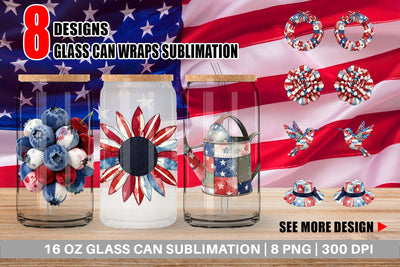 Glass Can Patriotic Bloom Fabric Watercolor Sublimation artnoy 