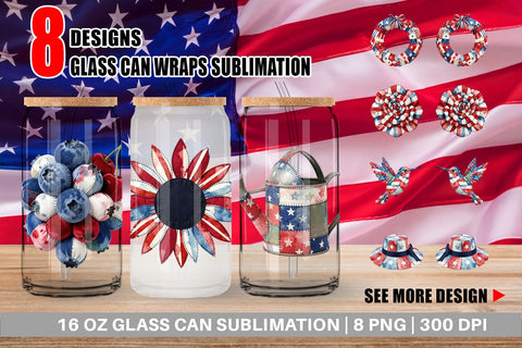 Glass Can Patriotic Bloom Fabric Watercolor Sublimation artnoy 