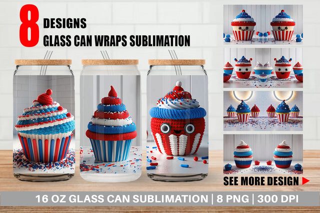 Glass Can Patriotic Cupcake Crochet Sublimation artnoy 