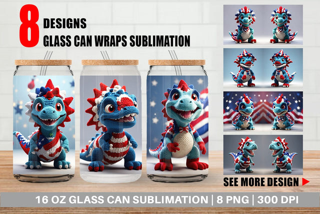 Glass Can Patriotic Dinosaur Crochet Sublimation artnoy 