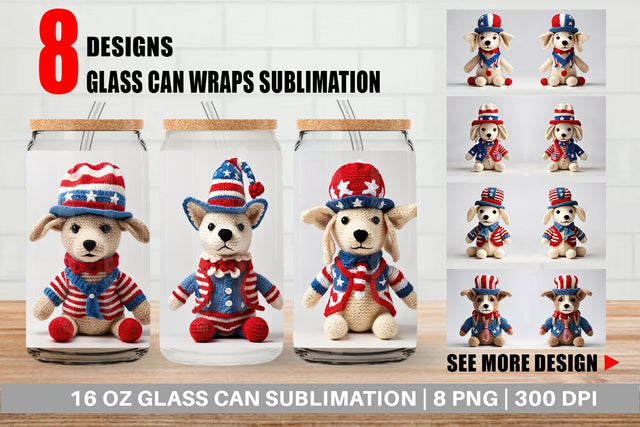 Glass Can Patriotic Dog Knitted Sublimation artnoy 