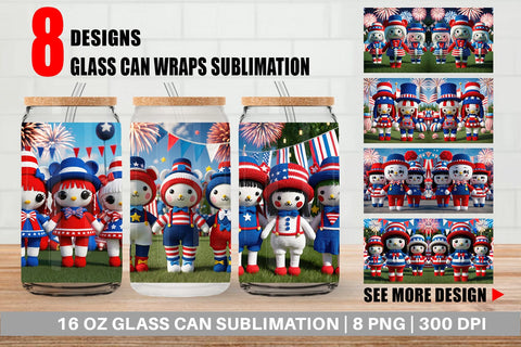 Glass Can Patriotic Doll Crochet Sublimation artnoy 