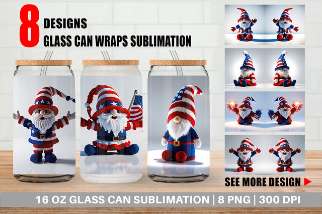 Glass Can Patriotic Gnome Crochet Sublimation artnoy 