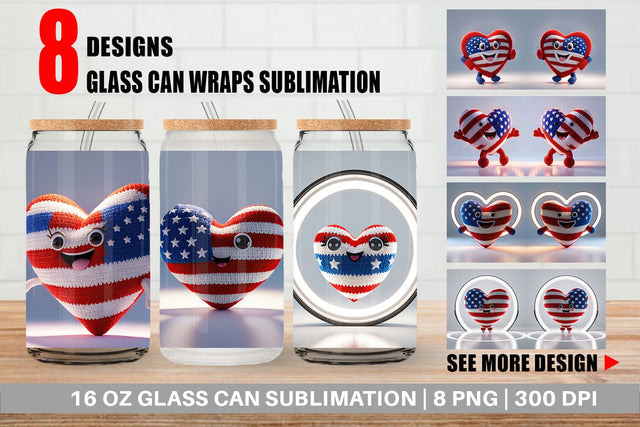 Glass Can Patriotic Heart Crochet Sublimation artnoy 
