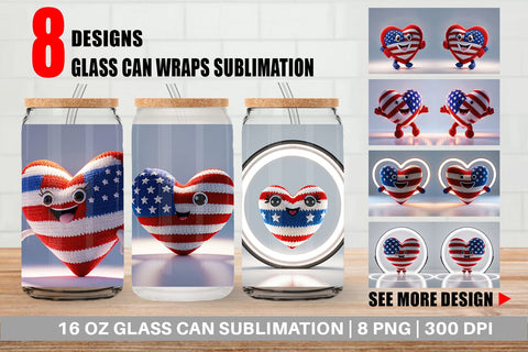 Glass Can Patriotic Heart Crochet Sublimation artnoy 