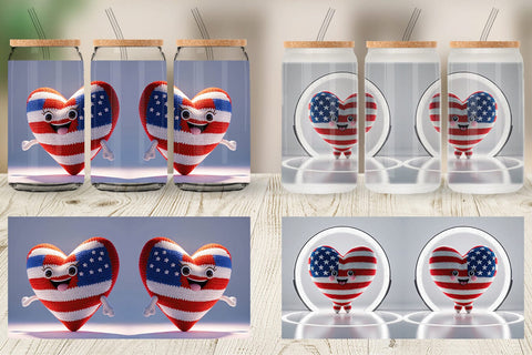 Glass Can Patriotic Heart Crochet Sublimation artnoy 