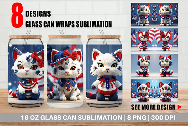 Glass Can Patriotic Kitty Crochet Sublimation artnoy 