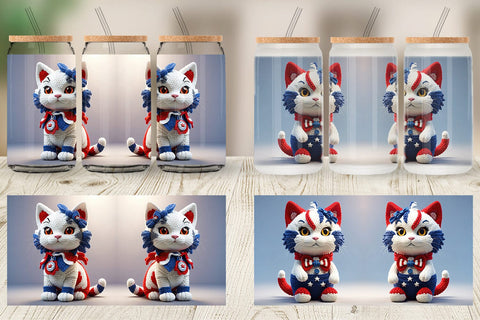Glass Can Patriotic Kitty Crochet Sublimation artnoy 