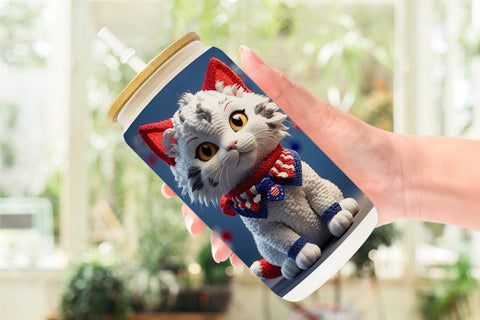 Glass Can Patriotic Kitty Crochet Sublimation artnoy 