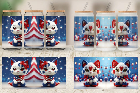 Glass Can Patriotic Kitty Crochet Sublimation artnoy 