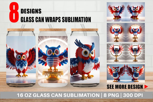 Glass Can Patriotic Owl Crochet Sublimation artnoy 