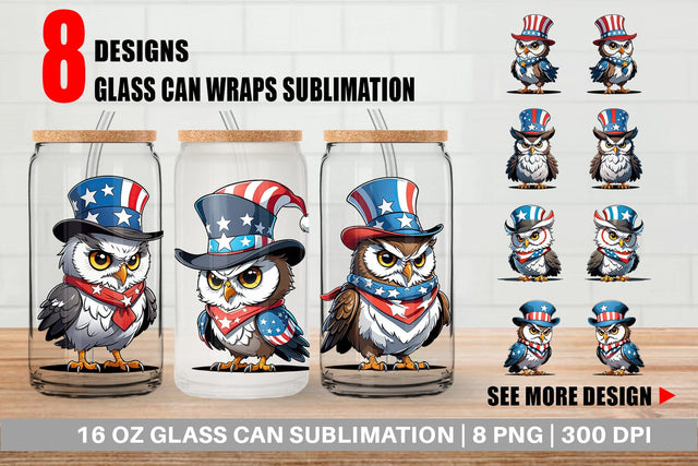 Glass Can Patriotic Owl Sublimation artnoy 