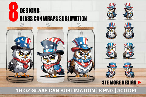 Glass Can Patriotic Owl Sublimation artnoy 