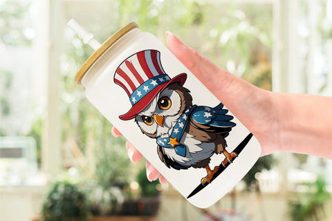 Glass Can Patriotic Owl Sublimation artnoy 