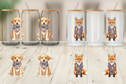 Glass Can Patriotic Patchwork Animal Watercolor Sublimation artnoy 
