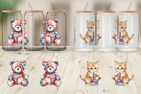 Glass Can Patriotic Patchwork Animal Watercolor Sublimation artnoy 