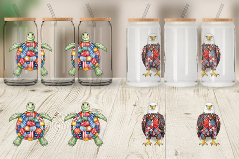 Glass Can Patriotic Patchwork Animal Watercolor Sublimation artnoy 