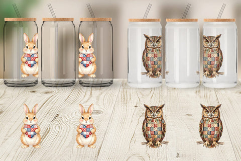 Glass Can Patriotic Patchwork Animal Watercolor Sublimation artnoy 