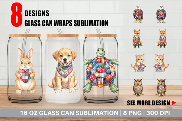 Glass Can Patriotic Patchwork Animal Watercolor Sublimation artnoy 