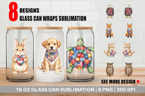 Glass Can Patriotic Patchwork Animal Watercolor Sublimation artnoy 