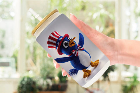 Glass Can Patriotic Penguin Crochet Sublimation artnoy 