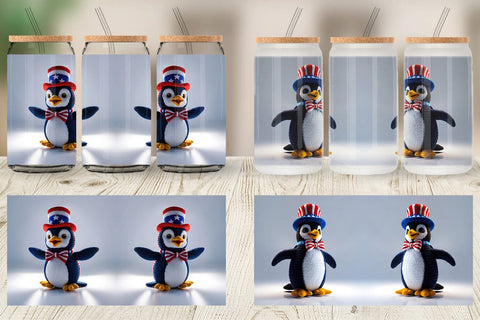 Glass Can Patriotic Penguin Crochet Sublimation artnoy 