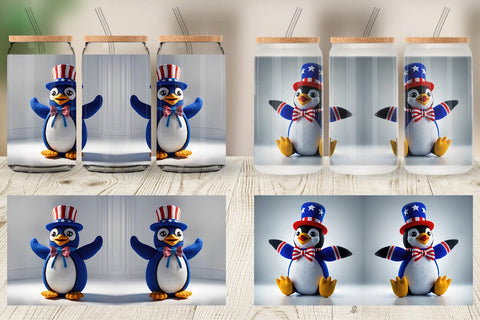 Glass Can Patriotic Penguin Crochet Sublimation artnoy 