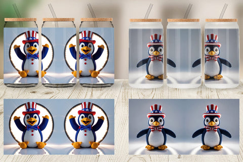Glass Can Patriotic Penguin Crochet Sublimation artnoy 