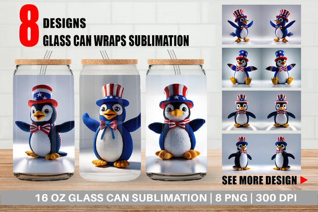 Glass Can Patriotic Penguin Crochet Sublimation artnoy 