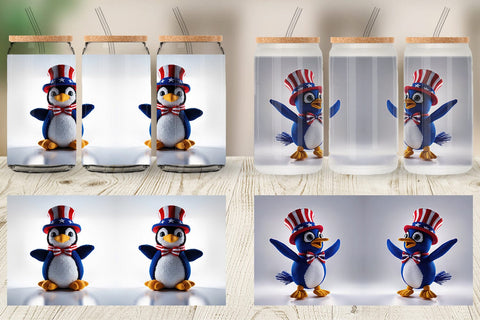 Glass Can Patriotic Penguin Crochet Sublimation artnoy 